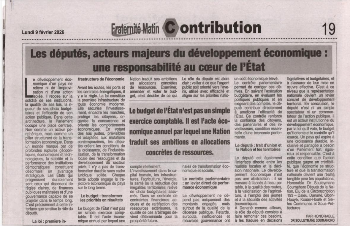 Contribution du député dans Fraternité Matin : le rôle stratégique du Parlement dans le développement économique